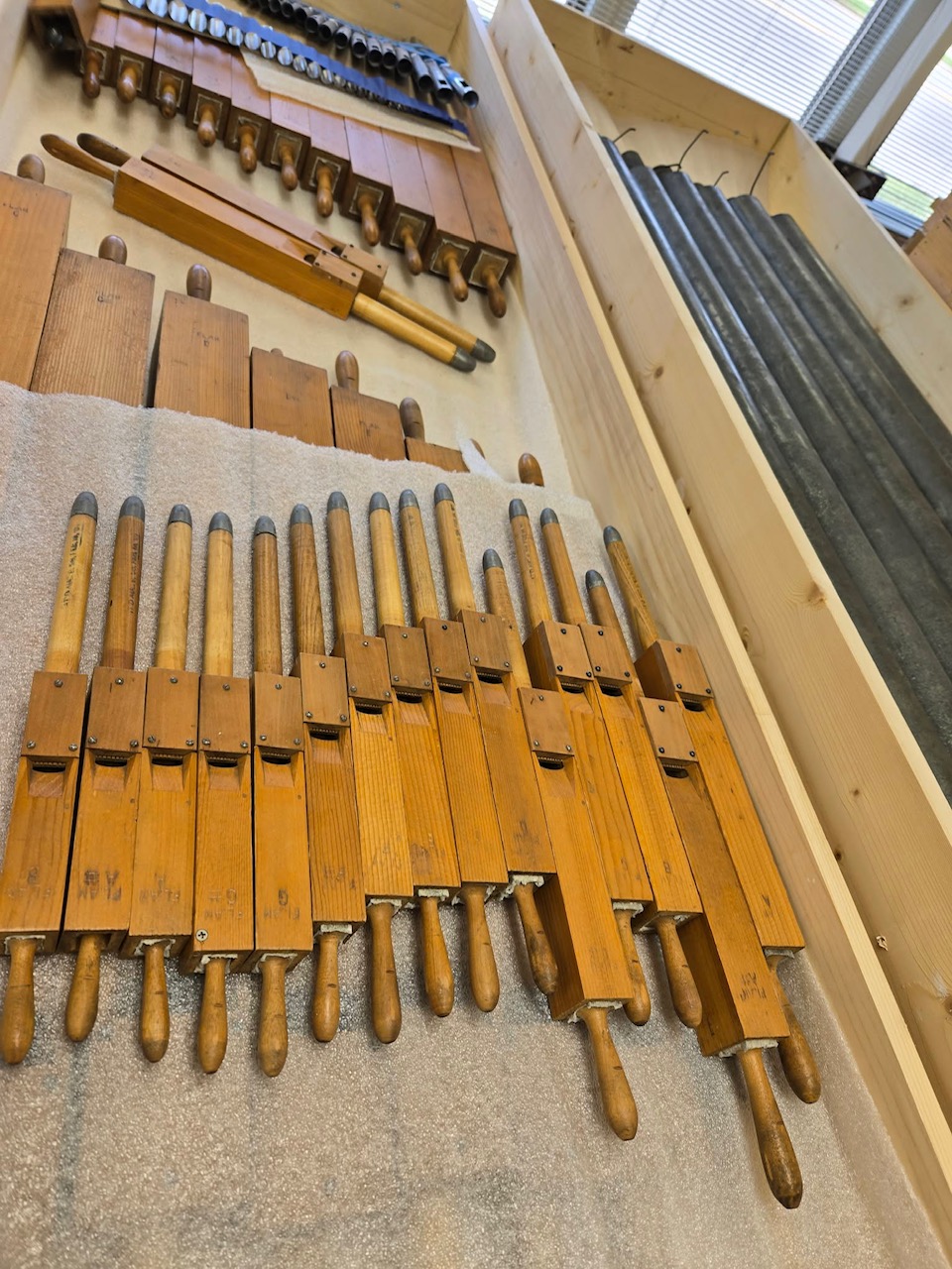 Stacks of wooden flue pipes at Berghaus Organ Company